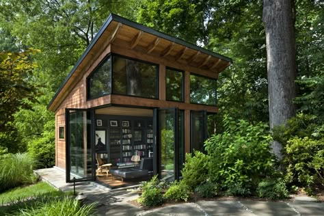 Exterior, Shed Building Type, Shed RoofLine, Glass Siding Material, Metal Roof Material, and Wood Siding Material  Photo 1 of 10 in Bookshelves Conceal Hidden Rooms in This Secret-Filled Backyard Studio Design Casa Piccola, Harrison Design, Home Design Magazines, Backyard Studio, A Small House, Hidden Rooms, Tiny House Cabin, Tiny House Living, Tiny House Design