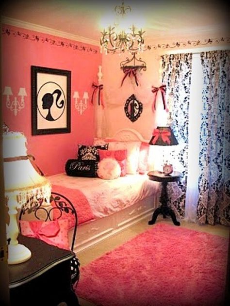 Paris theme Barbie Girls Room, Pink Teen Girl Bedroom, Parisian Room, Barbie Bedroom, Barbie Room, Teen Girl Bedroom, Black Room, Girly Room