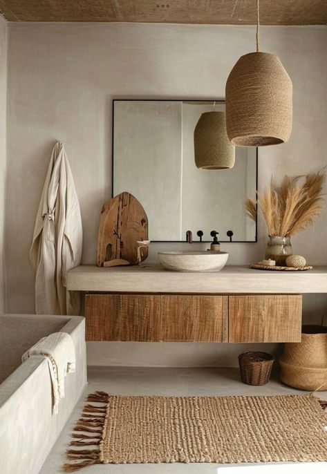 Airbnb Bathroom Ideas, Sandy Bathroom, Bali Bathroom, Bathroom Mediterranean, Sage Interior, Zen Bathroom Design, Bohemian Bathroom Decor, Boho Bathroom Ideas, Stile Boho Chic