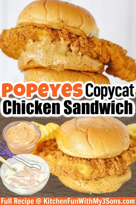 This copycat Popeyes Chicken Sandwich Recipe is so easy to make at home. Crispy and juicy fried chicken served on a brioche bun, then topped with spicy mayo and pickles. Diy Popeyes Chicken Sandwich, Spicy Chicken Sandwich Popeyes, Kfc Spicy Mayo Recipe, Popeyes Chicken Sandwich Recipe Copycat, Chicken Strip Sandwich Recipes, Deep Fried Chicken Sandwich, Popeyes Chicken Sandwich Sauce, Sauce For Fried Chicken Sandwich, Sauces For Chicken Sandwiches