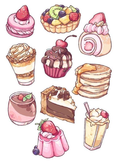 Props Drawing, Desserts Drawing, Food Doodles, 귀여운 음식 그림, Desain Buklet, Cute Easy Doodles, Food Illustration Art, Pink Kawaii, Cute Food Drawings