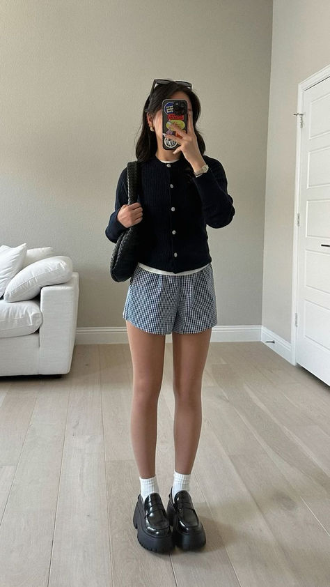 Blue checkered shorts, a button-down cardigan, and platform loafers. Sleek and fancy with a modern twist. Perfect for a polished, sophisticated look.  #SleekStyle #FancyOutfit #PlatformLoafers #ChicFashion #PolishedLook #ModernElegance #FashionInspo Adidas Shorts Outfit, Striped Shorts Outfit, Closet Revamp, Loafers Outfit, Shorts Outfits, Fire Fits, Adidas Shorts, Clothes Ideas, 가을 패션