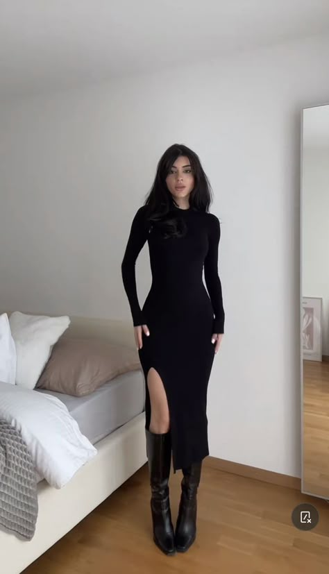 Black Dress Long Boots, Black Midi Dress And Boots, Sultry Fall Outfits, Dark Feminine Classy Outfits, Knee High Boot Dress Outfit, Fall Knit Dress, Femme Fatale Fall Outfit, Feminine Style 2023, Winter Dark Feminine Outfits