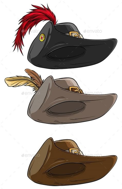 Hat With Feather Drawing, Musketeer Hat Drawing, Feather Hat Drawing, Pirate Hat With Feathers, Pirate Hat Drawing Reference, Musketeer Character Design, Musketeers Hat, Hat Ideas Drawing, Pirate Outfit Inspiration