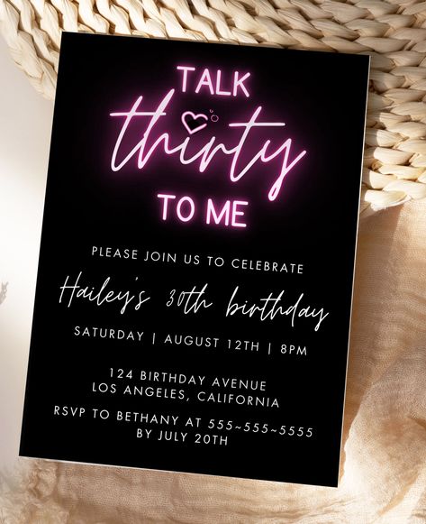 This editable 30th Birthday Party Invitation is perfect for you if you're looking for a beautiful invitation that you can edit and print at home. Instant download editable in Canva 30th Birthday Ideas For Women Themes Black, 30th Birthday Ideas For Women Party, Classy 30th Birthday Party, 30th Birthday Ideas For Women Themes Turning 30, 30th Bday Ideas For Women, 30th Birthday Party Themes For Women, Rip 30s, 30 Bday Ideas, 30th Birthday Party Women