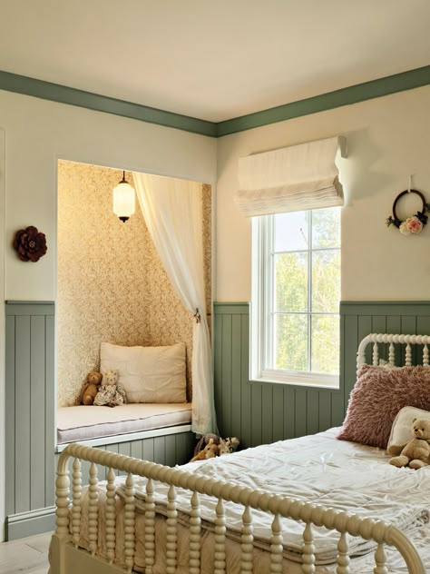 Cot In Parents Room Ideas, Reading Nook With Wallpaper, Kids Room With Wallpaper, Sled Bed Bedrooms Decor, Nancy Meyers Kids Room, Wallpaper Reading Nook, Wainscoting Boys Bedroom, Small Bedroom For 2 Kids, Children’s Room Interior Design