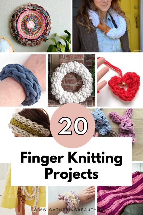 What Can You Make With Finger Knitting — Gathering Beauty Diy Hand Knitting Projects, Stuff To Finger Knit, Finger Weaving Patterns, Finger Knitting Scarf Tutorial, Finger Yarn Projects, No Knit Yarn Projects, What To Do With Finger Knitting, Finger Weaving For Kids, Things You Can Make With Yarn