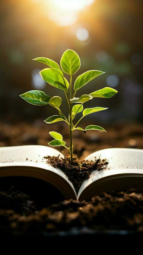 Book pages nurture a thriving green plant, a symbol of knowledge growth Vertical Mobile Wallpaper AI Generated Plants Cover Page, Plants Photography Aesthetic, Plant Growing Illustration, Growth Symbolism, Green Plants Background, Grow Aesthetic, Growth Artwork, Growth Wallpaper, Growth Background