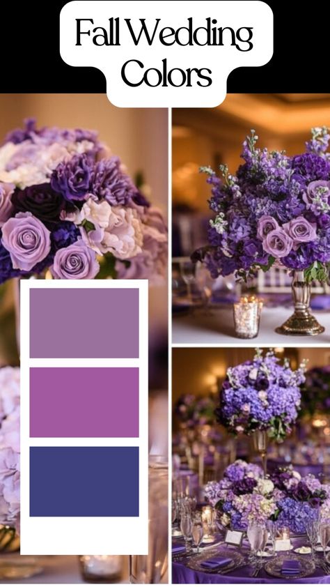 Deep purple and lavender fall wedding decor with floral arrangements. Plum Wedding Reception, Purple Fall Wedding Colors, Royal Purple Wedding Theme, Purple Wedding Color Schemes, Shades Of Purple Bridesmaid Dresses, Plum Wedding Colors, Shades Of Purple Wedding, Royal Purple Wedding, Deep Purple Wedding