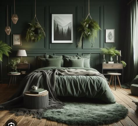 Dark Olive Bedroom Ideas, Mossy Green Bedroom, Dark Green And Beige Bedroom, Calm Bedroom Aesthetic, Green And Brown Bedroom, Forest Green Bedroom, Desk Remodel, Hobbit Room, Biophilic Bedroom