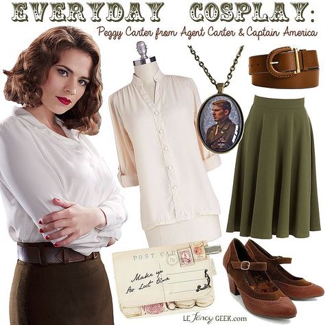 blouse: ModCloth // skirt: ModCloth // clutch: ModCloth necklace: Le Fancy Geek Boutique // belt: Fossil // shoes: Bait Footwear I adored Peggy Carter in Captain America: The First Avenger, so of cour 1920s Detective, Peggy Carter Costume, Peggy Carter Cosplay, Marvel Inspired Outfits, Geeky Chic, Disneybound Outfits, Edna Mode, Everyday Cosplay, Marvel Clothes