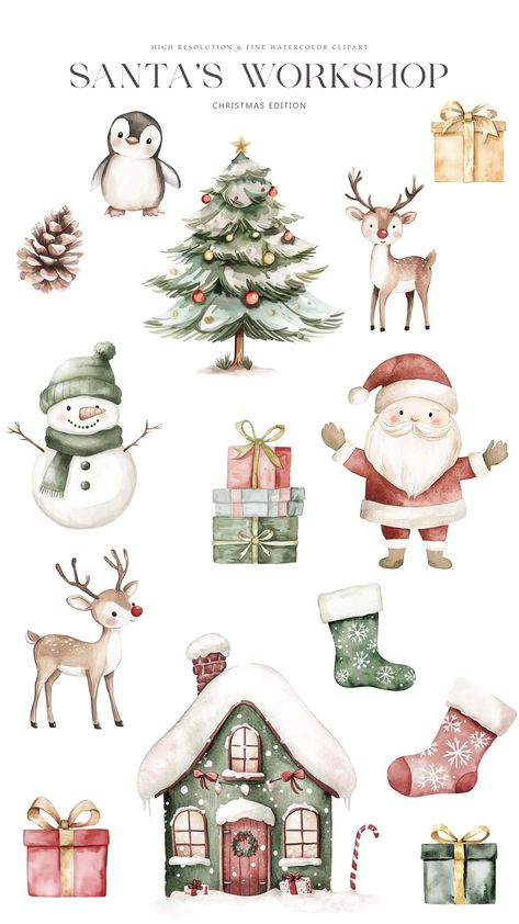 Tonia Tkach Illustration, Xmas Stickers Free Printable, Watercolor Christmas Clipart, Christmas Illustration Drawing, Christmas Elements Illustration, Christmas Cute Art, Cute Santa Drawing, Christmas Cute Illustration, Christmas Drawings Art