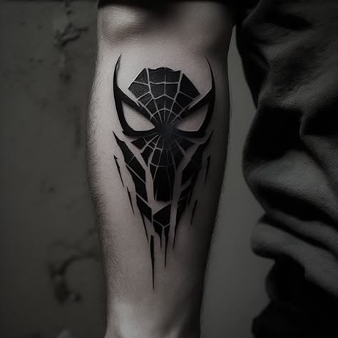 Spiderman Tattoo Black And White, Iron Man Chest Tattoo, Symbiote Tattoo Ideas, Spider Man Venom Tattoo, Marvel Forearm Tattoo, Spiderman Symbol Tattoo, Black Spiderman Tattoo, Spiderman Venom Tattoo, Superhero Tattoos For Men