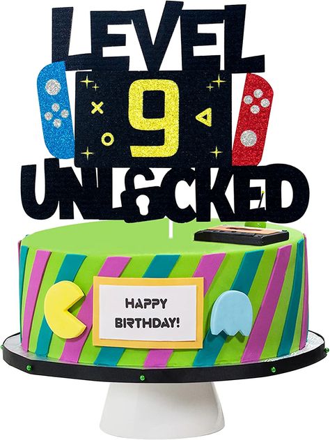 AmazonSmile: Level 9 Unlocked Video Game Cake Topper - Level 9 Unlocked Awesome 2013 Boy's Birthday Cake Topper - Video Game 9th Birthday Cake Decorations : Grocery & Gourmet Food 10th Birthday Boy Cake Ideas, 10th Birthday Cakes For Boys, Video Game Cake Topper, Boys 16th Birthday Cake, Nintendo Birthday, Video Game Cake, Boys Birthday Party Games, Cakes For Teenagers, Game Cake