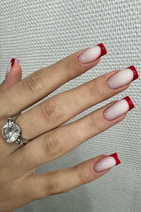 Red French Tip Nails White And Red Square Nails, Red Nails White French Tip, Milky Red Nails, Red Nail French, Red And White French Nails, Nails With Red Design, Square Red French Tip Nails, Red And White French Tip Nails, Red French Tip Toes