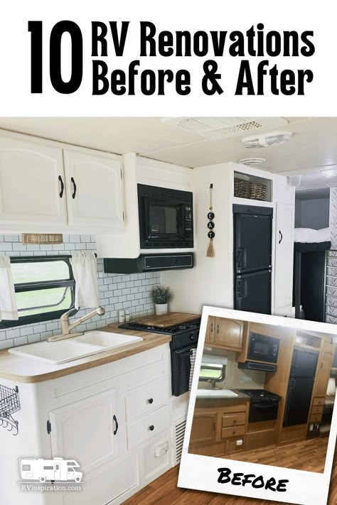 Before and after photos of 10 RV makeovers featuring painted walls and cabinets and new decor. Get ideas for your RV renovation! | rvinspiration.com #RVmakeover #RVrenovation #RVideas #RVmakeoverbeforeandafter #RVrenovationbeforeandafter Motorhome Remodel, Camper Renovations, Glamper Camper, Rv Inspiration, Rv Redo, Rv Interior Remodel, Camper Diy, Camper Redo, Vintage Camper Remodel