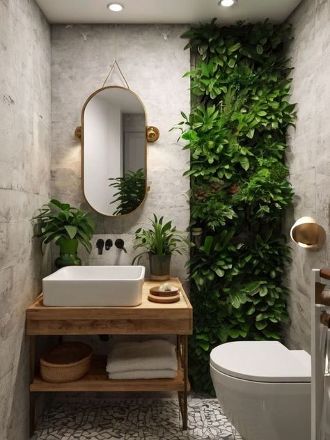 Plant Wall In Bathroom Ideas, Live Wall Bathroom, Tropical Decor Bathroom, White Bathroom Green Accents, Luxury Half Bath, Green Toilet Ideas, Cute Half Bathroom Ideas, Plant Wall In Bathroom, Cozy Guest Bathroom