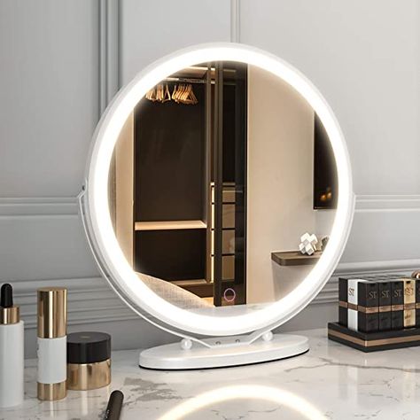 Amazon.com - LVSOMT Vanity Makeup Mirror with Lights, 3 Color Lighting Dimmable LED Mirror, Touch Control, 360°Rotation, High-Definition Large Round Lighted Up Mirror for Bedroom Table Desk (White) - Makeup Vanity Mirror With Lights, Vanity Makeup Mirror, Vanity Mirror With Lights, Shaving Mirror, Makeup Vanity Mirror, Circle Mirror, Desk Mirror, Decorative Mirrors, Makeup Mirror With Lights