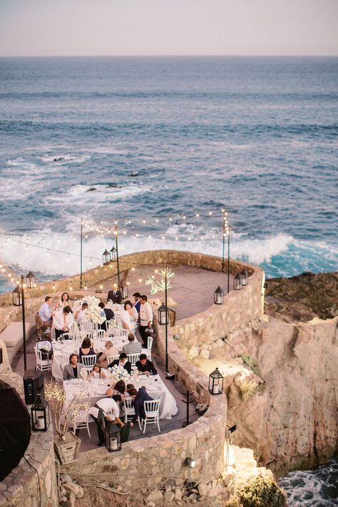 Disney-inspired destination wedding with white roses in Cabo, Mexico Cliff Wedding, Sunset Beach Weddings, Oceanfront Wedding, Los Cabos Wedding, Destination Wedding Decor, Jamaica Wedding, Negril Jamaica, Beautiful Outdoor Wedding, Cabo Weddings