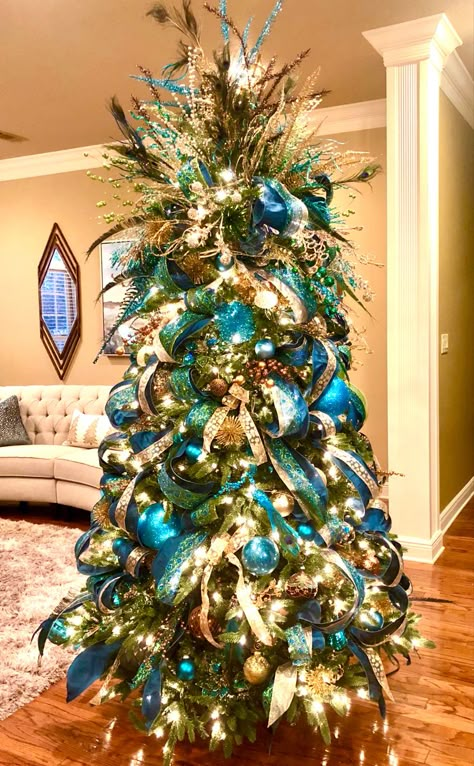 Peacock Christmas Decorations, Cinderella Christmas, Peacock Christmas Tree, Decorated Trees, Wire Letters, Christmas Specials, Teal Christmas, Peacock Christmas, Turquoise Christmas