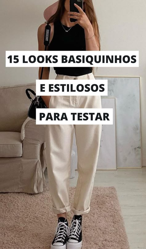 Foto: ameliecheval31 - Confira ideias de looks simples de montar que garantem um resultado estiloso. Looks com peças casuais que combinadas geram produções descoladas como esta com regata preta, calça caqui de alfaiataria e tênis all star preto de plataforma de cano médio. 2025 Outfit Ideas, Simple Cool Outfits, All Star Outfit, Looks Com All Star, Outfit Tenis, Outfit Style Ideas, Simple Casual Outfits, Look Casual Chic, Stylish Work Outfits