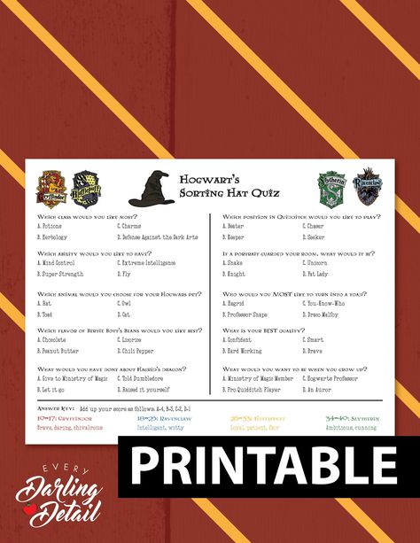 Wizard Sorting Hat Quiz Printable Party Game Favor | Etsy Harry Potter Sorting Hat Quiz, Harry Potter Tea Party, Sorting Hat Quiz, Hogwarts Houses Quiz, Hogwarts Sorting Hat, Harry Potter Trivia Quiz, Pottermore Quiz, Harry Potter Tea, Harry Potter Classes