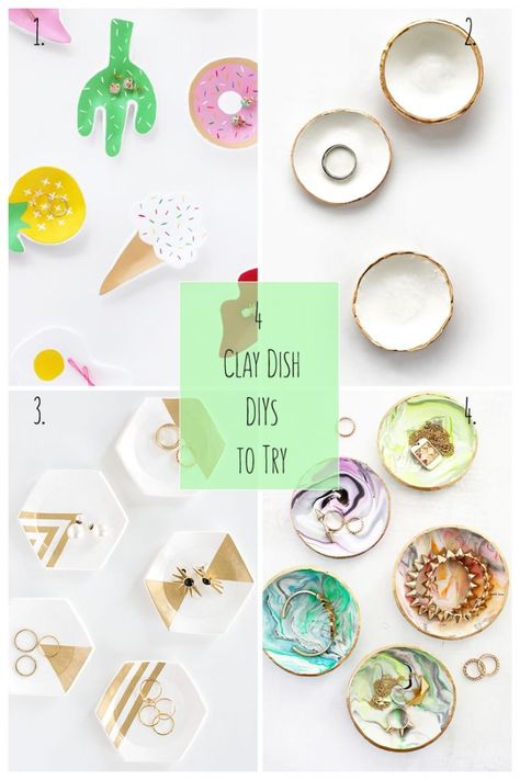 4 Clay Dish DIYs To Try: We can never have too many clay dishes to store our trinkets. Here are 4 jewelry dishes you can make - click through to make your own Diy Jewellery Dish, Clay Dishes, Clay Dish, Clay Plates, Diy Jewelry Holder, Gold Diy, Diy Stationery, Mason Jar Diy, Diy Clay Crafts