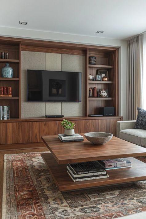 Walnut Wonder Walls Dark Wood Tv Cabinet Living Room, Mid Century Modern Media Wall, Brown Wood Furniture Living Room, Light And Dark Wood Furniture Together, Dark Wood Living Room Furniture, Dark Wood Dining Table Decor, Mid Century Built Ins, Walnut Living Room Furniture, Dark Wood House