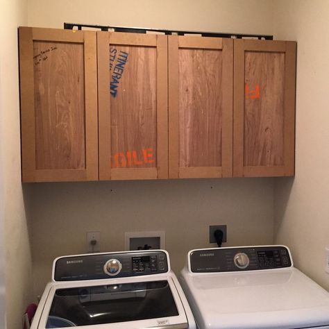 Upper Laundry Room Cabinets, Upper Cabinets Laundry Room, How To Build Laundry Room Cabinets, Diy Laundry Room Cabinets How To Build, Diy Laundry Cabinet How To Build, Laundry Cabinets Diy, Stock Cabinets For Laundry Room, Build Upper Cabinets, Add Cabinets To Laundry Room