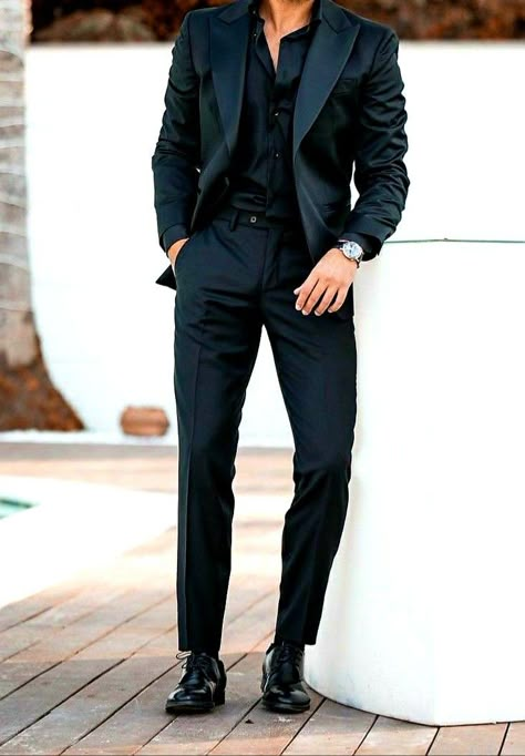 Black Wedding Guest Outfits, Full Black Suit, Black Shirt Outfit Men, Wedding Guest Outfit Men, Mens Prom, Wedding Guest Suits, Black Tie Outfits, Black Shirt Outfits, Black Tie Wedding Guest Dress