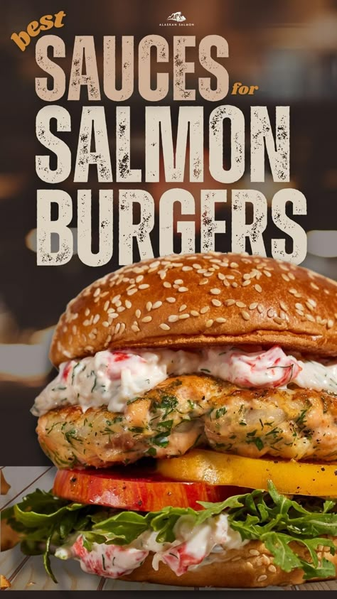 Salmon Burger Toppings Sauces, Salmon Sandwich Sauce, Salmon Patty Burger, Fresh Salmon Burger Recipe, Toppings For Salmon Burgers, Salmon Burgers Sauce, Costco Salmon Burgers Recipes, Costco Salmon Burgers, Salmon Burgers Toppings