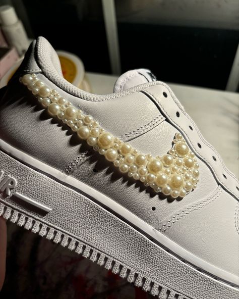 Adding pearls to some Air Force Ones. Want your own pair? DM me to find out more… #customshoes #customized #pearls #pearlshoes #wedding #weddingshoes #weddingnikes #nikeshoes #airforce1 #airforces #customairforceones Pearl Shoes, Force One, Air Force Ones, Custom Shoes, Air Force 1, Dm Me, Air Force, Nike Shoes, How To Find Out