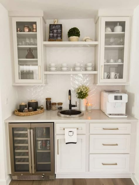 5 Wet Bar Designs to Fulfill your Holiday Entertaining Dream Built In Wet Bar Kitchen, Two Tone Wet Bar, Tiny Wet Bar Ideas, Wet Bar In Hallway, Hallway Wet Bar, French Country Wet Bar, Wet Bar Next To Fireplace, Kitchen Beverage Bar, Wet Bar Kitchen Ideas