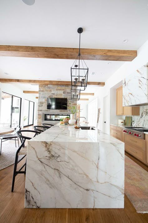 Waterfall Island With Cooktop, Two Tone Island Countertop, Half Waterfall Kitchen Island, Statement Island Countertop, Porcelain Waterfall Island, Quartz Island Waterfall, Kitchen Island Stone Ideas, Waterfall Granite Island, Light Stone Countertops