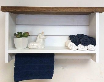 24" towel rack | Etsy Farmhouse Bathroom Shelf, Picket Projects, Towel Hanging Ideas, Restroom Ideas, Bathroom Shelf With Towel Bar, Shelf With Towel Bar, Beadboard Bathroom, Rustic Wood Floating Shelves, Bathroom Shelving