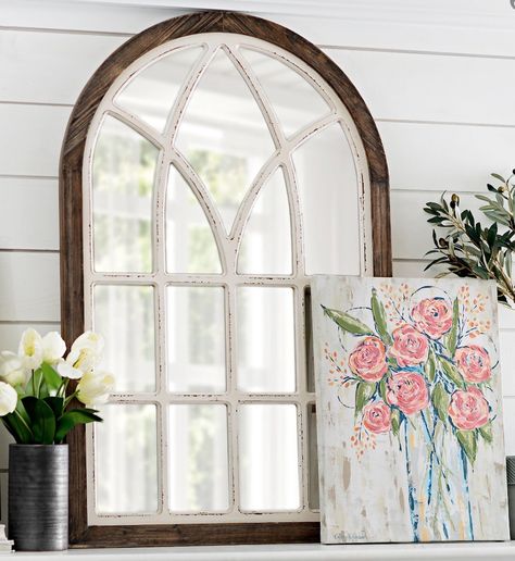 Mirrors with Rustic, Farmhouse Style Vail Two Tone Arch Wall Mirror #DecorativeMirrors #Mirrors #AccentMirrors #Decor #VintageDecor #FarmhouseDecor #RusticDecor Window Mirror Wall, Arched Window Mirror, Arch Wall Mirror, Window Pane Mirror, Farmhouse Wall Mirrors, Arch Wall, Furniture Unique, Cathedral Windows, How To Clean Mirrors