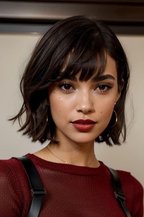 Short Hairstyle Frizzy Hair, Brunette Short Bob Hairstyles, French Bob With Bangs Thick Hair, Bob With French Bangs, Medium Choppy Bob With Bangs, French Bob With Highlights, Copper French Bob, French Bob Asian, Bob With Bangs Curly Hair