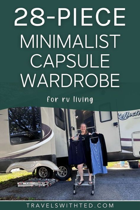 Living in an RV is amazing for so many reasons–freedom and adventure, just to name a few. However, this nomadic lifestyle also comes with its own set of challenges, especially when it comes to storage space.  As we plan to downsize from a large fifth wheel to a compact travel trailer, I’ve had to radically rethink and pare down my wardrobe.  The solution? A minimalist capsule wardrobe. This simple clothing collection not only fits my limited space but also covers all my needs. Camping Wardrobe Capsule, Vanlife Capsule Wardrobe, Capsule Wardrobe For Rv Living, Rv Capsule Wardrobe, Van Life Capsule Wardrobe, Plus Size Travel Wardrobe, Van Life Wardrobe, Vanlife Wardrobe, Camping Capsule Wardrobe