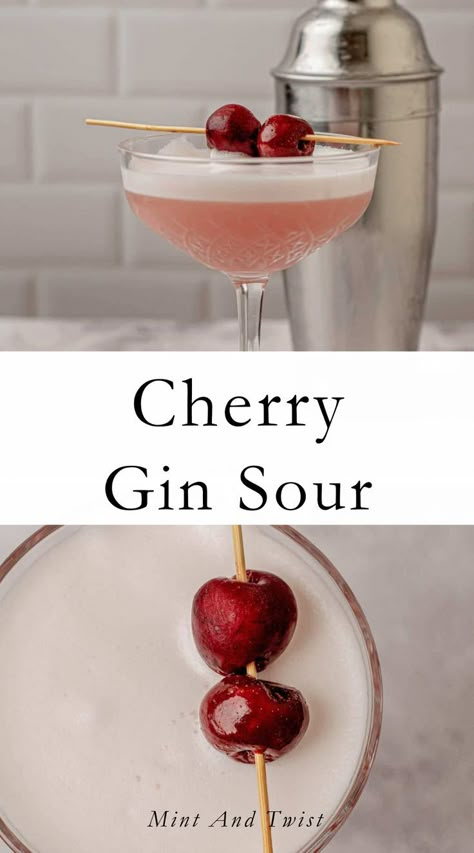 I love this cherry gin sour cocktail. It’s a pretty pale pink, thanks to cherry simple syrup, with a slight tang and the right amount of sweetness. It makes a most perfect summer cocktail. This cherry sour adds cherry simple syrup, which is made of sugar, water, frozen cherries, and a hint of almond extract. This cocktail is more on the sweeter side than a classic gin sour. Cherry Simple Syrup, Gin Sour, Cherry Cocktail, Sour Cocktail, Frozen Cherries, Boozy Drinks, Fancy Drinks, Mixed Drinks Recipes, Cocktail Drinks Recipes