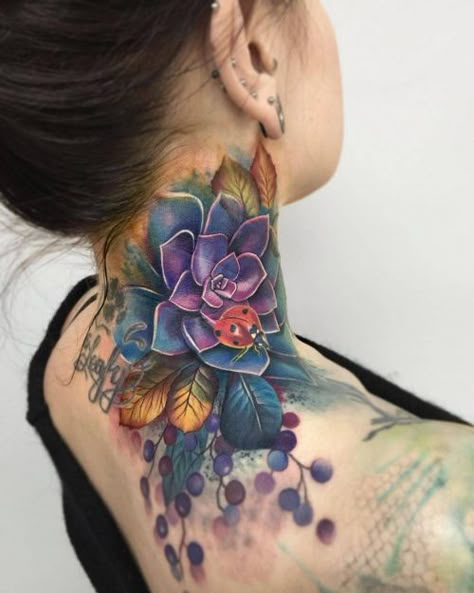 Lianne Moule's sensual watercolor tattoo Best Neck Tattoos, Girl Neck Tattoos, Side Neck Tattoo, Throat Tattoo, Back Of Neck Tattoo, Neck Tattoos Women, Neck Tattoos, Tattoo Magazines, Modern Tattoos