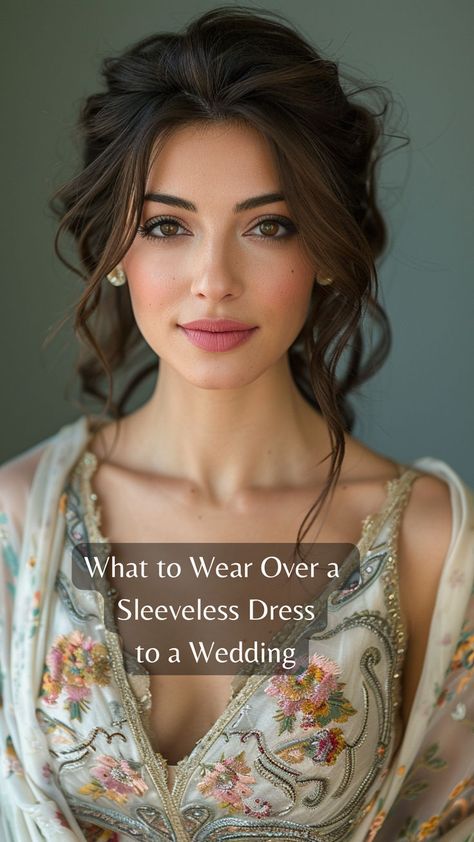 Beautiful woman wearing a shawl over a sleeveless dress to a wedding Shawl For Wedding Dress Fall, Shawls For Wedding Guests, Wedding Guest Shawls And Wraps Fall, Fall Wedding Guest Shawl, Wedding Guest Dress With Blazer, Cover Up For Strapless Dress, Cardigan Over Dress Outfit Wedding, How To Wear Jewelry With Dresses, What To Wear To November Wedding