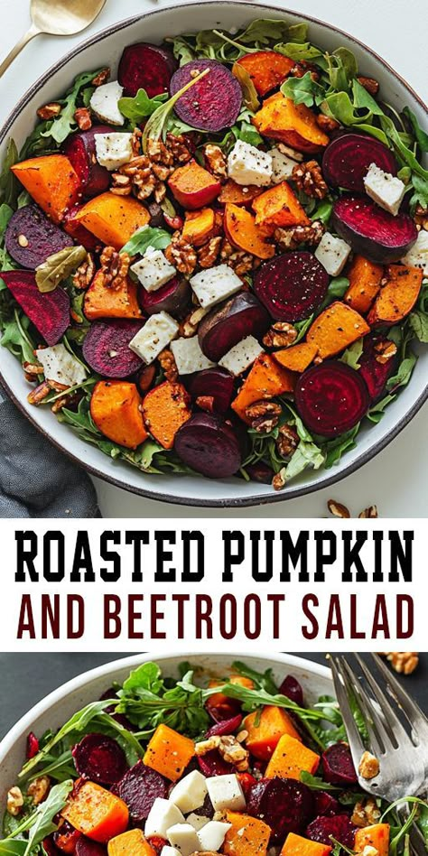 Brighten up your fall menu with this Roasted Pumpkin and Beetroot Salad! 🍂🥗 A delicious combination of tender roasted veggies and fresh greens, topped with a tangy dressing. Perfect for a nutritious lunch or festive side dish. 🎃🍴 #HealthyRecipes #PumpkinSeason #BeetrootSalad Baked Beetroot, Roast Pumpkin Salad, Nutritious Lunch, Beetroot Recipes, Pumpkin Salad, Fall Meal, Creamy Feta, Fall Menu, Beetroot Salad