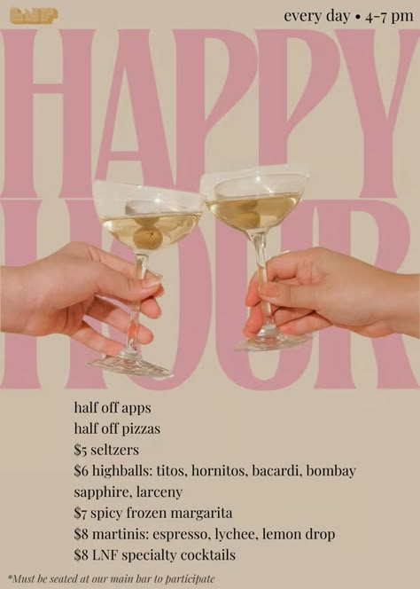 Happy Hour - lostneverfoundchicago.com Happy Hour Graphic, Bar Advertising Ideas, Bar Social Media Design, Happy Hour Aesthetic, Cocktail Bar Branding, Wine Club Ideas, Happy Hour Poster, Helen Green, Ascension Day