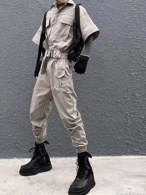 Dark Creative Belt Jumpsuit - Khaki / L Frank Furter, Jumpsuit Aesthetic, Male Jumpsuit, Streetwear Jumpsuit, Hip Hop Trousers, Cargo Jumpsuit, Post Apocalyptic Fashion, Jumpsuit Outfits, Story Aesthetic