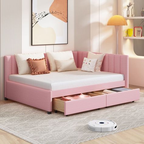 This daybed is made of selected linen fabrics in elegant beige, gray, pink and yellow. It has a backrest and two armrests. This classic design day bed adopts a semi-closed design concept. Linen fabric is dirt-resistant and wear-resistant, and equipped with two movable drawers or trundle, which is functional and beautiful. It is elegant and suitable for any home decoration. The bed frame is made of solid MDF and particle board, providing a dense and strong support. The construction ensures a life Twin Bed Adult Bedroom, Day Bed As Couch, Day Bed Girls Room, Pink Day Bed, Day Bed Living Room Ideas, Couch Bedroom Ideas, Small Bedroom Inspo Aesthetic, Day Bed Ideas, Cute Beds