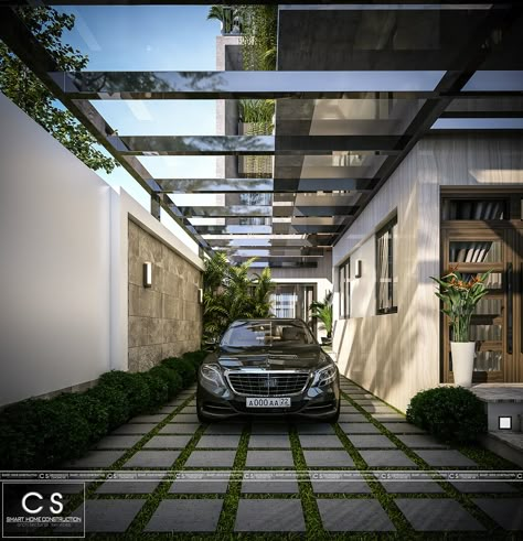 Carpark Design House, Car Porch Garden Ideas, Car Park With Garden, Modern Car Porch Design, Modern House Porch Design, Tile Front Porch Entrance Modern, Garage Architecture Design, Parking Front Of House, Car Entrance Design