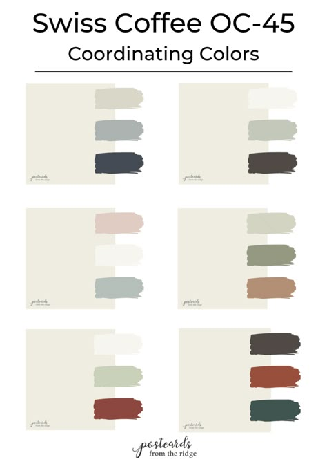 Swiss Coffee Interior, Coffee Wall Color, Intrigue Benjamin Moore Color Palette, Swiss Coffee Paint Benjamin Moore, Living Room Benjamin Moore Colors, Swiss Coffee Color Scheme, Swiss Coffee Color Pallet, Swiss Coffee House Exterior, Swiss Coffee Exterior Paint House Colors