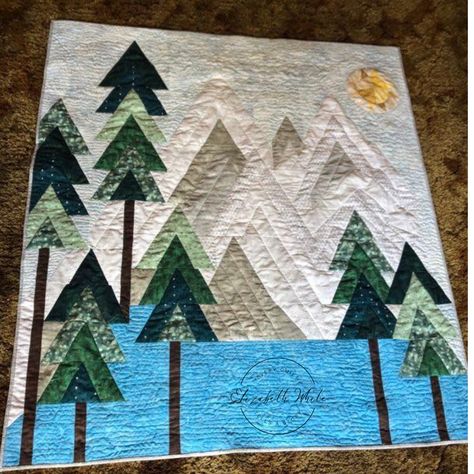 Quilts With Trees, Mountain Scene Quilt, Camping Quilt Patterns Free, Mountain Quilt Block Free Pattern, Mountain Quilts Ideas, Wilderness Quilt Patterns, Mountain Quilt Patterns, Forest Quilt Pattern, Tree Quilts Ideas