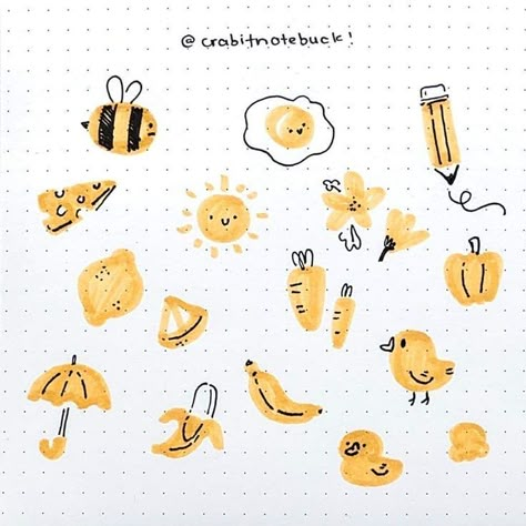 Yellow Doodles Aesthetic, Orange Doodles Colour, Yellow Drawing Aesthetic, Yellow Things To Draw, Yellow Aesthetic Drawing, Yellow Journal Ideas, Highlighter Doodles, Yellow Drawings, Yellow Doodles