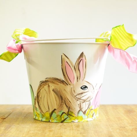 Painted Galvanized Buckets, Making Fall Wreaths, Painted Easter Baskets, Painted Buckets, Easter Pail, Candy Buckets, Metal Buckets, Custom Easter Baskets, Easter Paintings